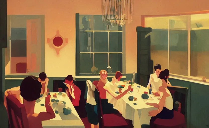 Prompt: a dinner party scene illustration by atey ghailan and escher and edward hopper, surreal