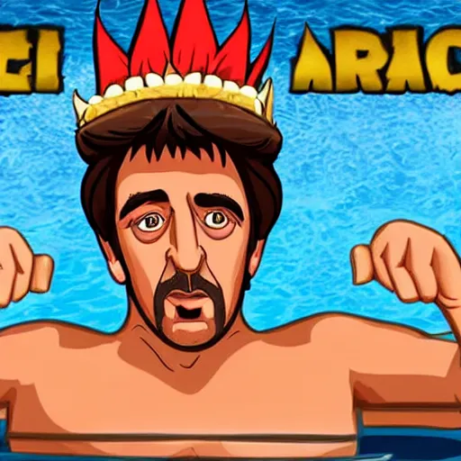 Prompt: al pacino scarface hot tub scene, except he plays kingdom rush on his iphone