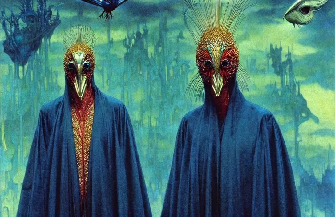 Prompt: realistic detailed portrait movie shot of a birdman wearing black reflective robes, sci fi city landscape background by denis villeneuve, amano, yves tanguy, alphonse mucha, ernst haeckel, max ernst, roger dean, masterpiece, rich moody colours, blue eyes, snarling dog teeth