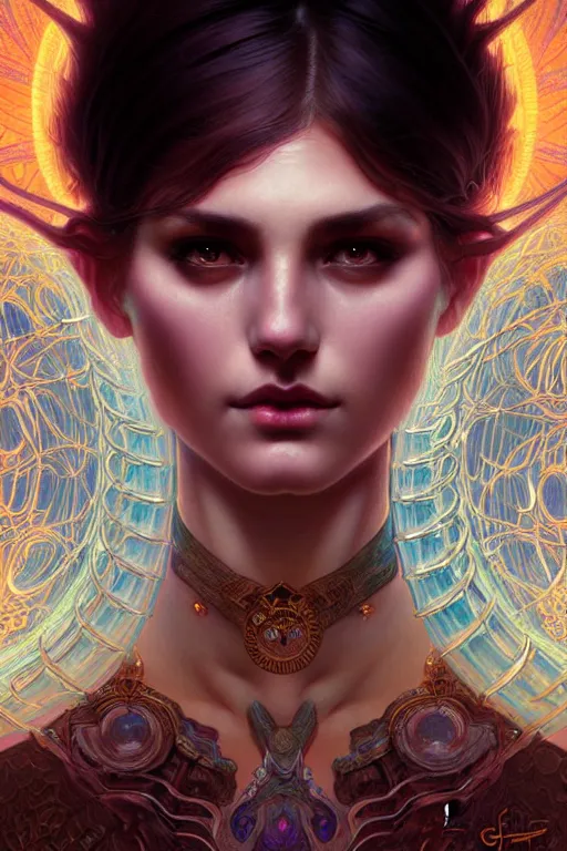 Prompt: dmt goddess closeup filled background around face, fantasy magic, undercut hairstyle, dark light night, intricate, elegant, sharp focus, illustration, highly detailed, digital painting, concept art, matte, art by wlop and artgerm and greg rutkowski and alphonse mucha, masterpiece