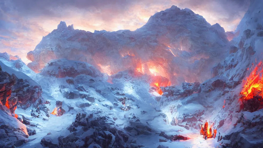 Image similar to in a coldly mountain, covered with snow, d by a crack begin to erupt incandescent magma, dramatic lighting, dynamic lighting, cinematic lighting, lit by morning light, by makoto makoto, krenz cushart and artgerm, anime, featured on artstation, ultrawide angle