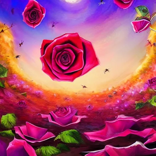 Image similar to ring of giant rose petals, fantasy art, sky in the background, detailed, behrens style