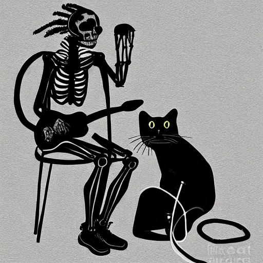 Prompt: skeleton wearing headphones watching girl playing guitar with her black cat standing next to her, digital art