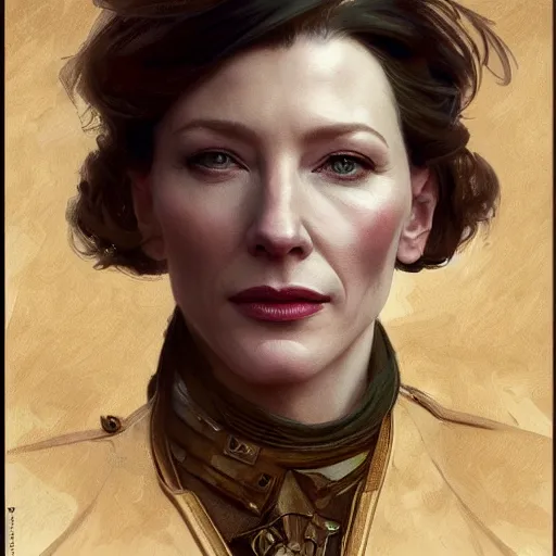 Image similar to Portrait of cate blanchett as a military officer, intricate, headshot, highly detailed, digital painting, artstation, concept art, sharp focus, cinematic lighting, illustration, art by artgerm and greg rutkowski, alphonse mucha, cgsociety