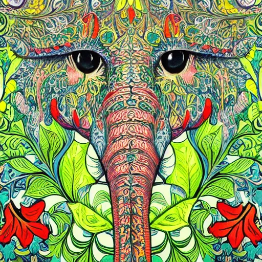 Image similar to colourful ornate decorative green man as an elephant face by louis wain and william morris, closeup, twisting leaves, 8 k, artstation