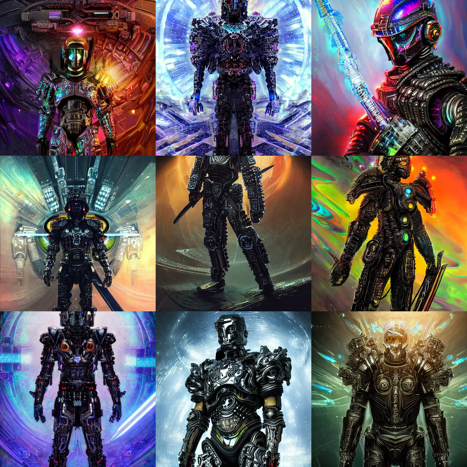 Prompt: Intricate sci-fi painting of an omnipotent floating powerful iridescent warrior assassin lord wearing black cybernetic armor encrusted in iridescent microchips and transistors and processors, extreme detail, artstation, high focal lens, brandishing a powerful sword, colorful vivid octane render, concept art, sharp, award winning artwork on artstation, realistic complex baroque moody composition