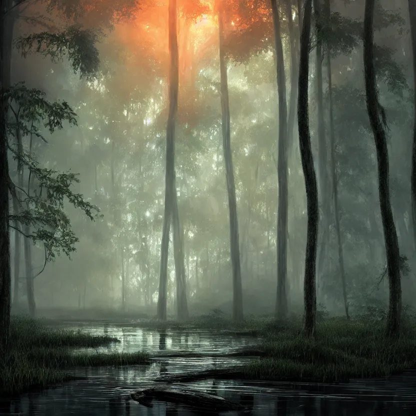 Prompt: a wet swamp with many big trees, dark colors, glowing plants, misty background, light rays, beautiful lighting, vivid colors, intricate, elegant, smooth, sharp focus, highly detailed digital painting, concept art, cinematic, unreal engine, 4 k wallpaper, svetlin velinov, tarmo juhola, artstation trending