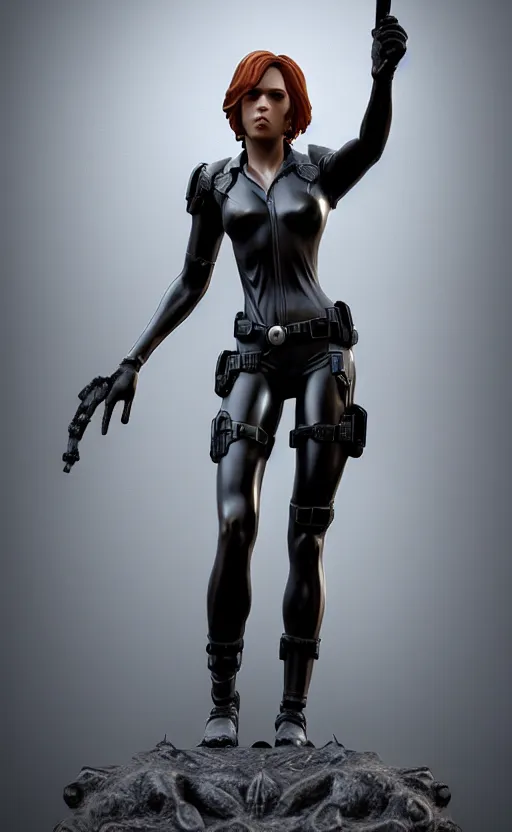 Image similar to black widow, bronze statue and silver, unreal engine, high detailed