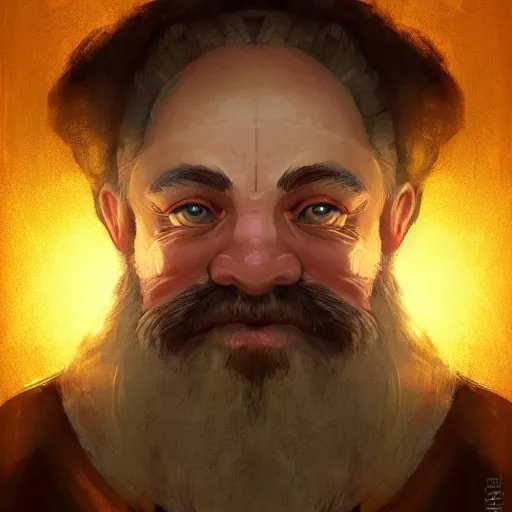 Image similar to symmetrical portrait of a happy dwarf showing off the giant gold nugget, realistic, beautiful, fantasy art, dnd, lord of the rings, style of charlie bowater, concept art, sharp focus, ray tracing