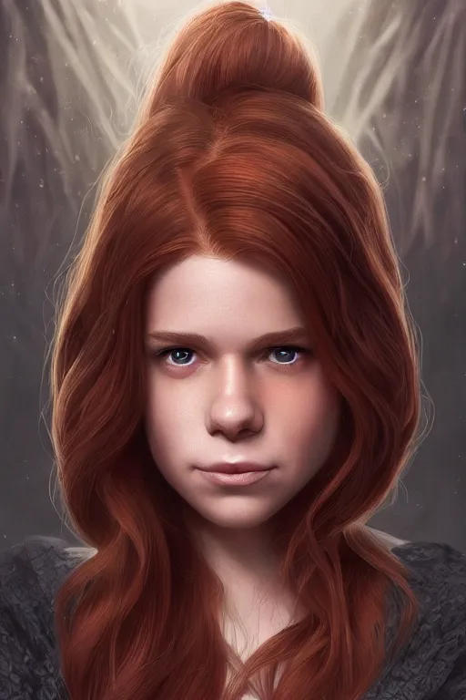 Image similar to ultra realistic style illustration of a beautiful cute red haired joyful teen girl, long hair, face of teen kate mara, sci - fi, fantasy, intricate, elegant, digital painting, artstation, concept art, smooth, sharp focus, illustration, 8 k frostbite 3 engine, ultra detailed, art by artgerm and greg rutkowski and magali villeneuve