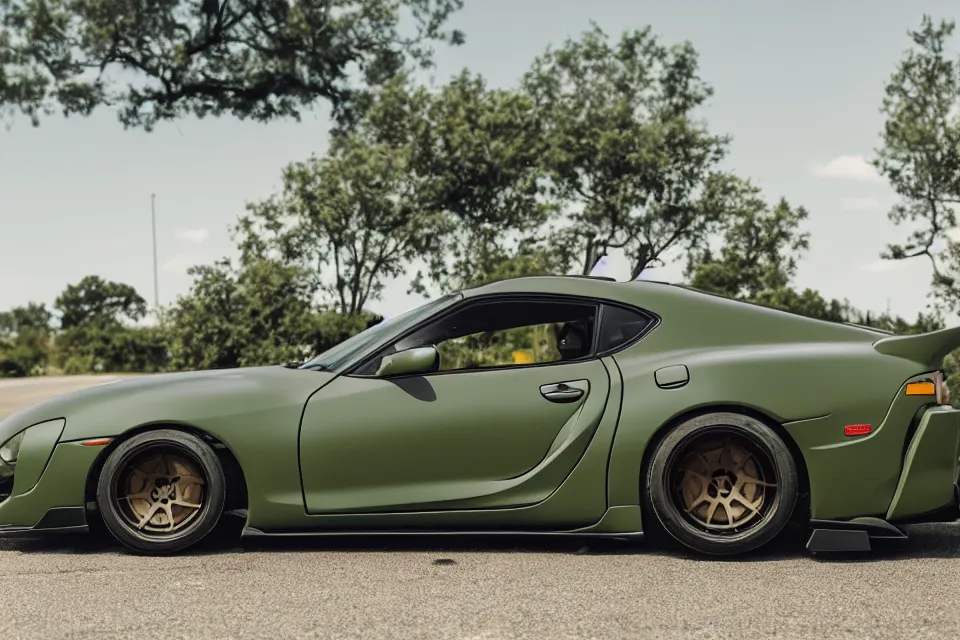 Image similar to Matte olive green Toyota Supra mk4 with widebody kit on highway, hyper realistic, car photography, 8k,