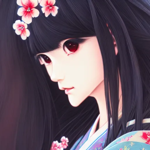 Image similar to beautiful girl with long black hair, wearing a kimono, japanese street, daytime, sharp focus, intricate, digital painting, artstation, official media, anime key visual, highly detailed, rich vivid colors, ambient lighting, illustration, art by Artgerm, Makoto Shinkai, Ilya Kuvshinov, Lois Van Baarle, and Rossdraws