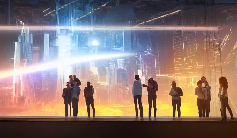 Image similar to group of people in simple warehouse, admiring hologram of futuristic city on a table, cinematic concept art, godrays, golden hour, natural sunlight, 4 k, clear details, tabletop model buildings, center model buildings, hologram center, crane shot, crane shot, crane shot