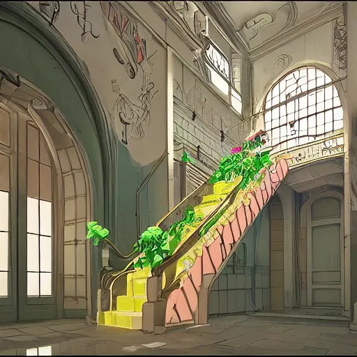 Prompt: a stunningly beautiful slimegirl woman in a bright white hallway with many doors and many stairs, Mc Escher architecture, epic composition, by Makoto Shinkai