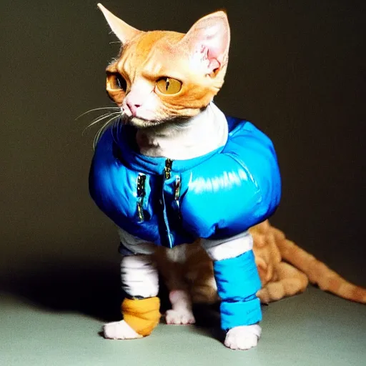 Prompt: Devon Rex cat wearing a puffy jacket and a cap. Beastie Boys music video. attitude