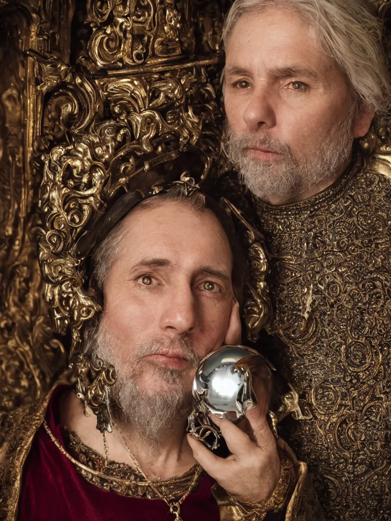 Prompt: a high-resolution color-chrome closeup portrait photo of a medieval priest, kissing a incredible elegant pale renaissance, with ornate jewelled, rococo Queen, sci-fi, high-tech, beautiful low light, style Steve McCurry Octane render 8k