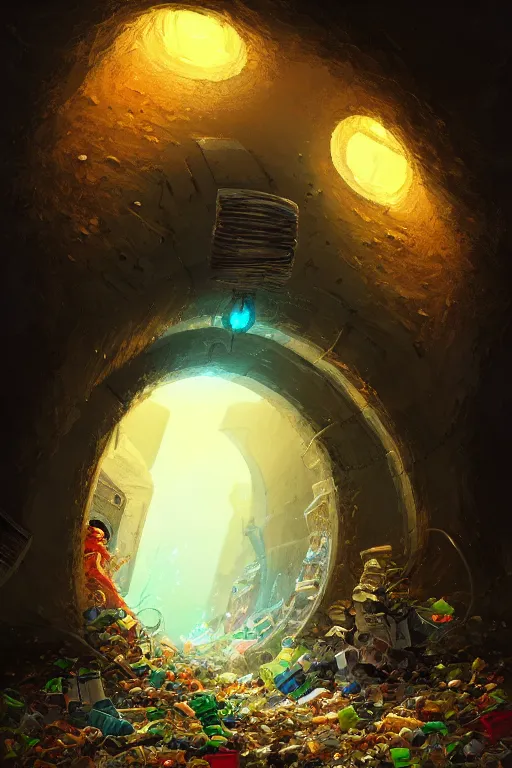 Image similar to , Tunnel made of trash, end of tunnel an image of a clean brightly lit room, fantasy, intricate, elegant, highly detailed, digital painting, artstation, woamn is curved, concept art, smooth, sharp focus, illustration, art by Ilja Repin