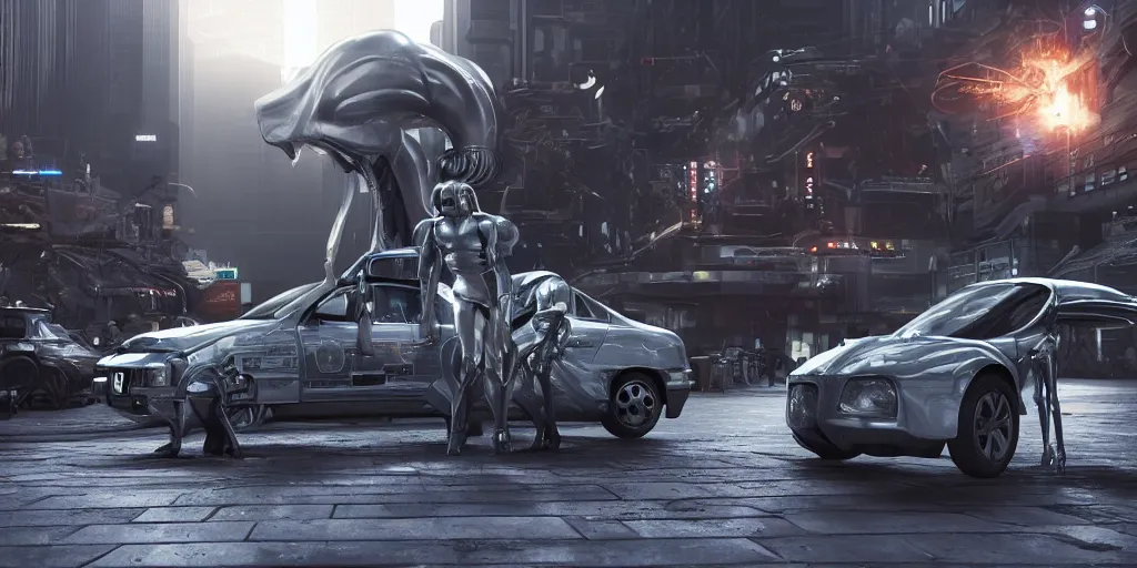 Image similar to a space alien from the future on the first day of driver's ed learns to parallel park. 8 k, 4 k, hq, 3 d render, digital art, dramatic lighting, comedy, science fiction, epic fantasy, surreal, hyper realistic, ultra detailed. style of fifth element ( film )