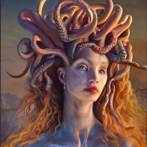 Image similar to portrait of a fantasy creature medusa, hyperrealistic oil painting, 8k