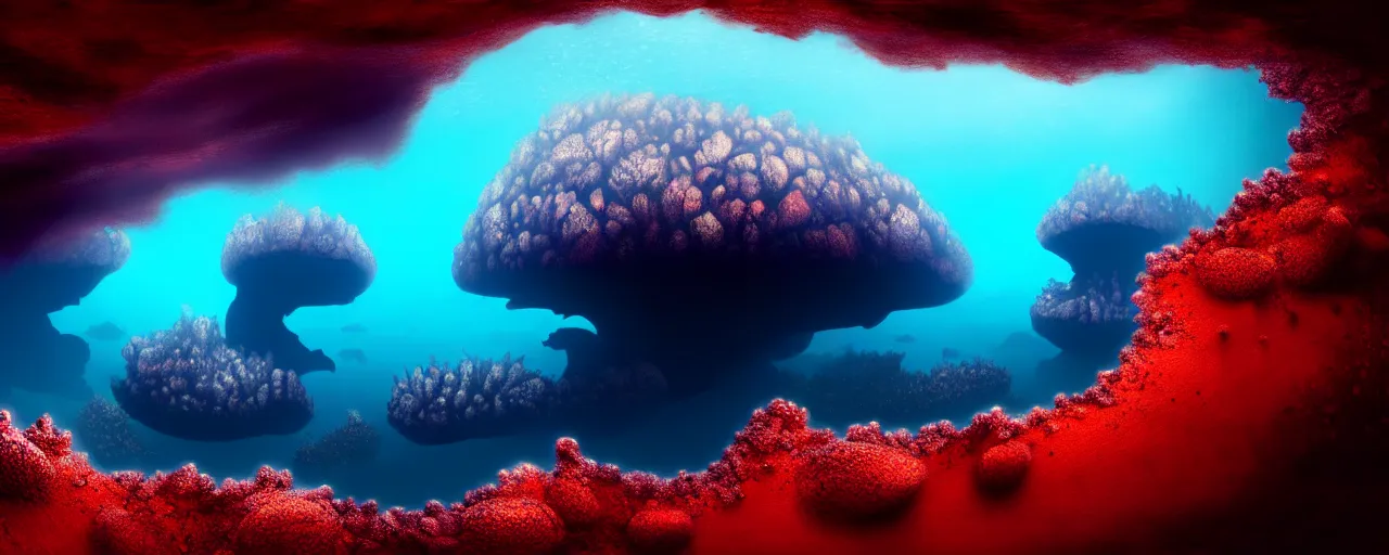 Image similar to A gorgeous detailed oil of a dark red sea covered in big blue steep rocks, a school of piranhas underwater, the further away the mistier it gets, surreal, concept art, dark aesthetic, atmospheric, moody, hyperrealism, highly detailed, masterpiece, award winning, 4k, unreal engine