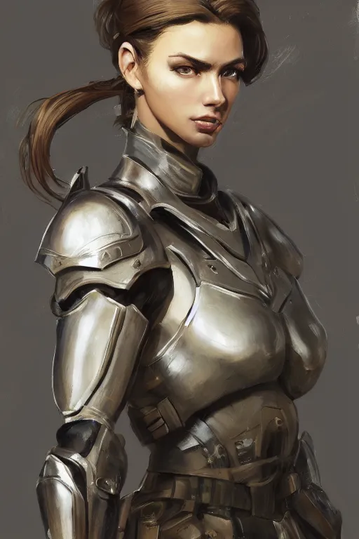 Image similar to a professionally painted portrait of an attractive young woman, clothed in military armor, olive skin, long dark hair, beautiful bone structure, symmetrical facial features, intricate, elegant, digital painting, trending on Artstation, concept art, smooth, sharp focus, illustration, from Metal Gear by Ruan Jia and Mandy Jurgens and Artgerm and William-Adolphe Bouguerea, award winning