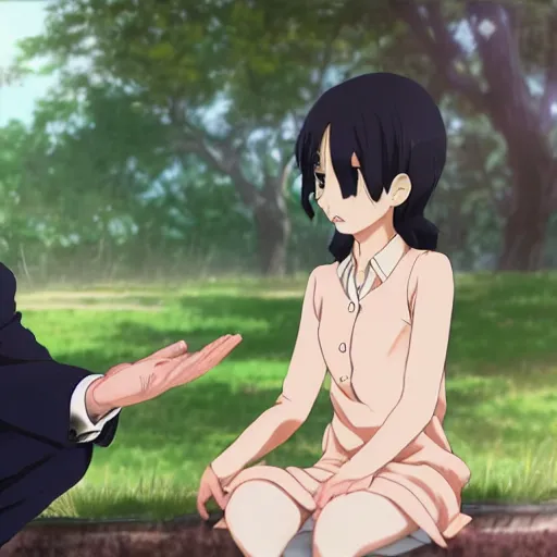 Image similar to photorealistic Joe Biden meets a beautiful smiling anime girl with black hair and hime cut sitting under a tree, anime key visual, digital art, anime screenshot, kyoto animation, makoto shinkai, trending on artstation