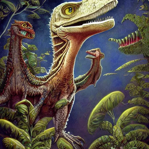 Image similar to portrait of velociraptor,, artwork by Daniel Merriam,