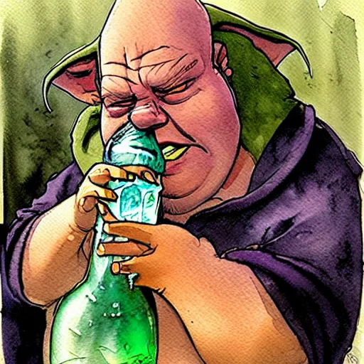 Image similar to a realistic and atmospheric watercolour fantasy character concept art portrait of a fat sleazy homeless yoda wearing a wife beater drinking out of a broken bottle, by rebecca guay, michael kaluta, charles vess and jean moebius giraud