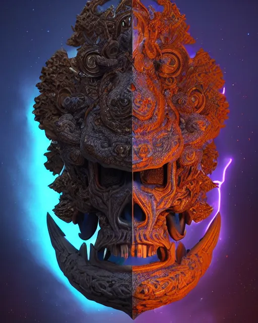 Image similar to 3 d ornate carved dark cosmic warrior with profile portrait, sigma 5 0 0 mm f / 5. beautiful intricate highly detailed quetzalcoatl skull. bioluminescent, plasma, lava, ice, water, wind, creature, thunderstorm! artwork by tooth wu and wlop and beeple and greg rutkowski, 8 k trending on artstation