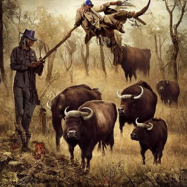 Image similar to incredible modern fable evocative artwork of buffalo hunters, buffalo midnight in the style of tim walker fashion photography, buffalos hunting hunters, fables of the reconstruction