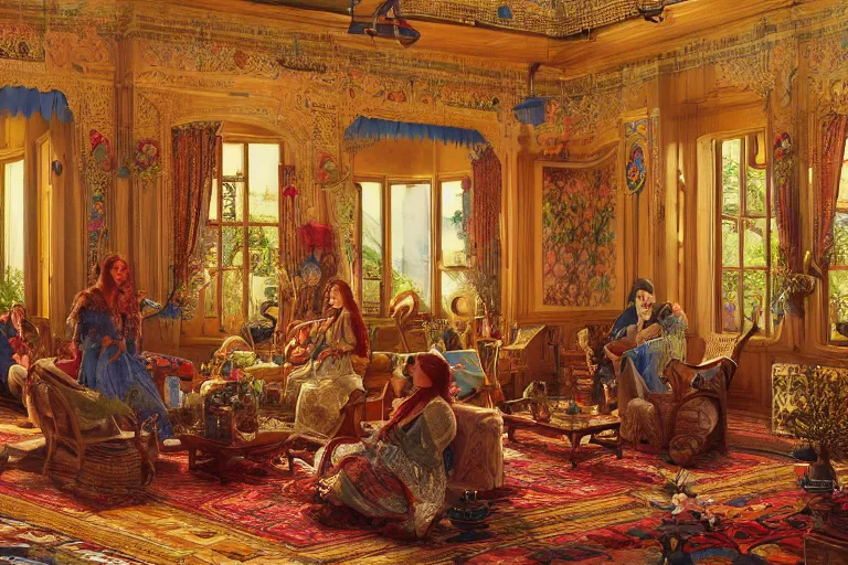 Image similar to a bright bohemian parlor with sunbeams streaming in from tall windows, by Ludwig Deutsch and Evelyn De Morgan and Donato Giancola, floral embroidery, carved wood, oriental carpets,rich color, dramatic cinematic lighting, featured on Artstation, cgsociety, unreal engine