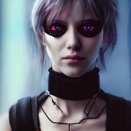 Image similar to realistic female character cyberpunk wearing technological collar around neck, realistic, art, beautiful, 4K, collar, choker, collar around neck, punk, artstation, detailed, female, woman, choker, dark, collar, choker,