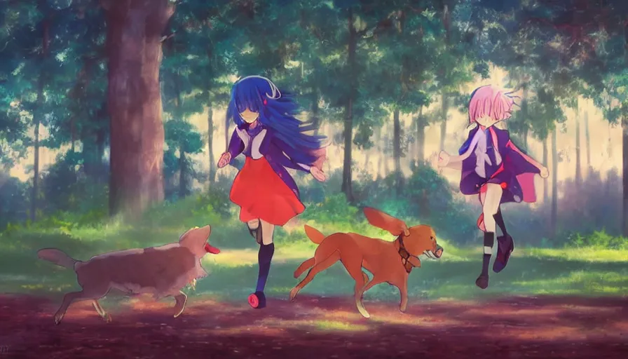 Prompt: Rem from Zero Two running with a dog in the forest. Beautiful anime lush forest background. Golden hour. Trending on art station