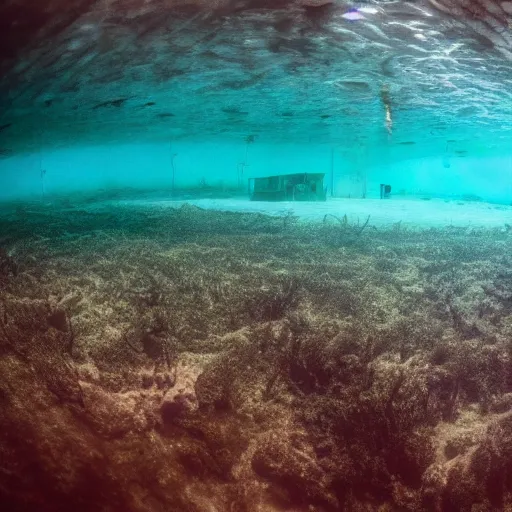 Prompt: an abandoned camp site underwater, horror