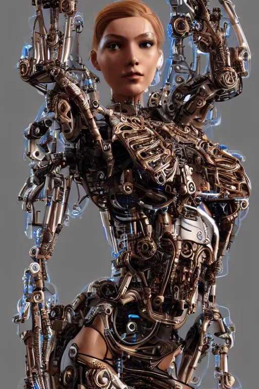 Prompt: a beautiful and young fully cybernetic female with 80% or her body made of mechanical parts adorned digital detail and some ornate geometric carvings , intricate, elegant, very detailed, hyper real, octane render, 8k, trending on Artstation