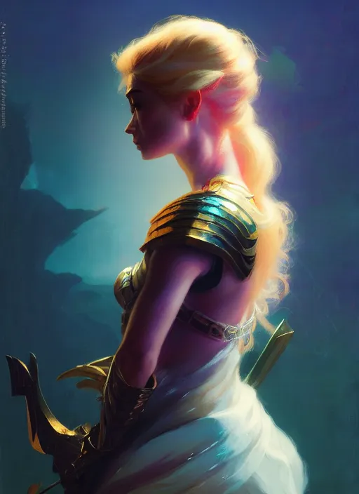 Image similar to side portrait, imogen poots, paladin, fantasy, gloomhaven, luminescent, gaudy colors, by greg manchess, huang guangjian, gil elvgren, sachin teng, greg rutkowski, jesper ejsing, ilya kuvshinov