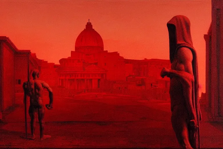 Image similar to only with red, caesar after war, a red tiger, in hoc signo vinces, rome in background, an ancient path, in the style of beksinski, part by hopper, part by rodcenko, part by hofbauer, intricate composition, red by caravaggio, insanely quality, highly detailed, masterpiece, red light, artstation