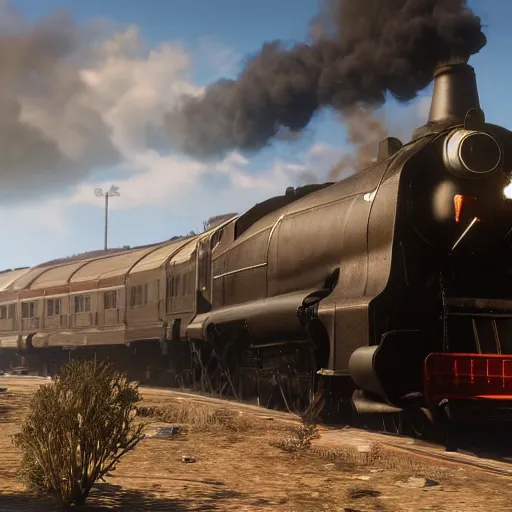 Image similar to futuristic sleek steam locomotive in red dead redemption 2