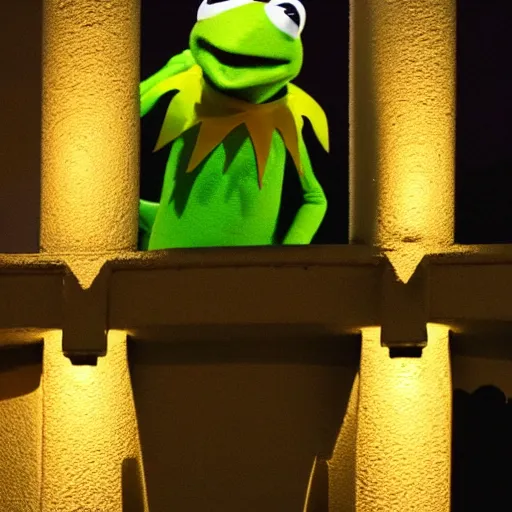 Image similar to kermit from the balcony at night