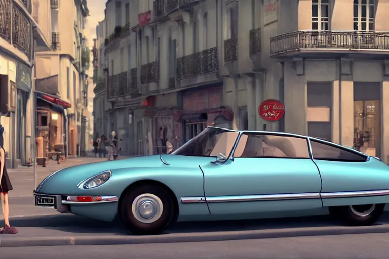 Image similar to a wholesome beautiful animation key shot of!! one!! focused!! 1 9 7 4 citroen ds!! in a paris street, medium wide shot, studio ghibli, ( pixar ) and disney animation, sharp, very detailed, high resolution, rendered in unreal engine 5, anime key art by greg rutkowski, bloom, dramatic lighting