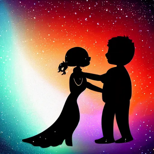 Prompt: A chubby boy and a beautiful girl slow dancing during prom night under the night sky, digital art, cinematic lighting