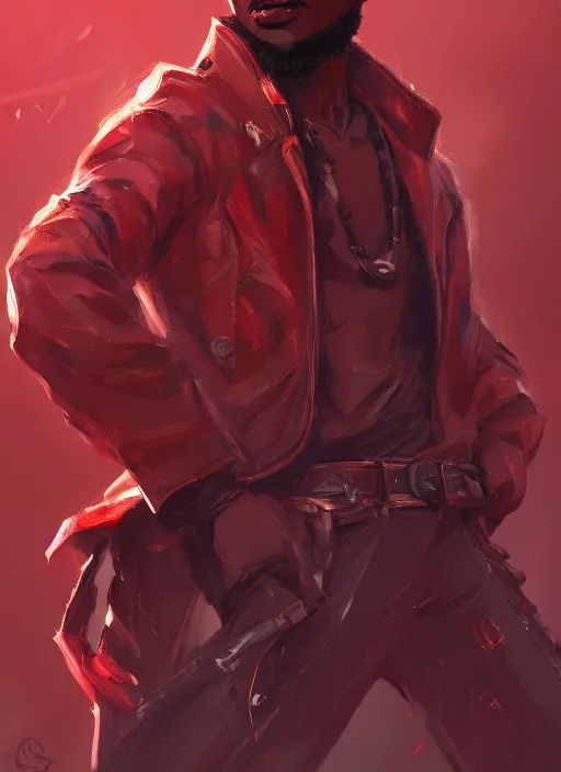 Image similar to a highly detailed illustration of attractive young african guy with flat top hair wearing red jacket, dramatic standing pose, intricate, elegant, highly detailed, centered, digital painting, artstation, concept art, smooth, sharp focus, league of legends concept art, wlop