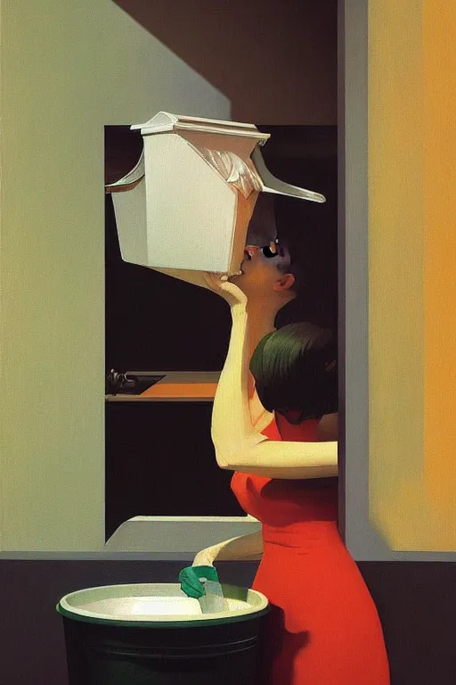 Prompt: woman put the trash bin through her head Edward Hopper and James Gilleard, Zdzislaw Beksisnski, higly detailed