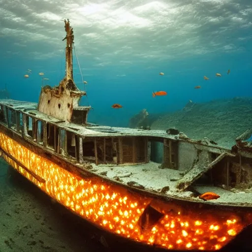 Prompt: a shipwreck as a home of different types of fish glowing in the ocean