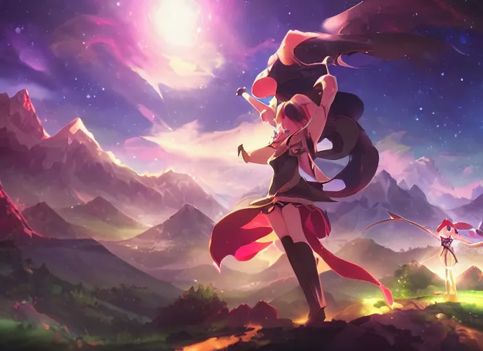 Image similar to watching the stars at night, on a mountain, by league of legends, riot, anime key visual, poster