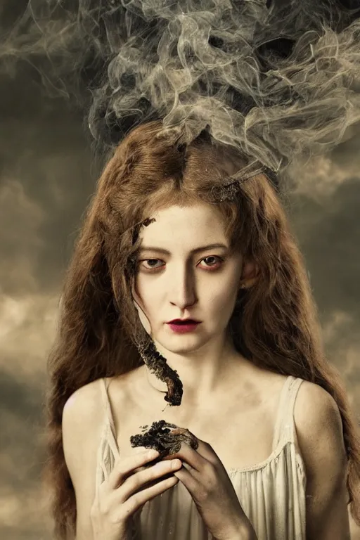 Image similar to 3 5 mm colour, italian looking emma, evil princess, victorian house, long brown hair, hyperrealism, octane render, weird, odd, strange, creepy, extremely detailed, intricate smoke magic, lace, silk, style of david cronenberg, hyung tae, frank frazetta