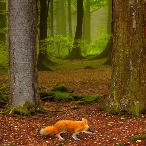 Prompt: magical forest covered with fly agaric, there is a fox with two cubs, light magical fog