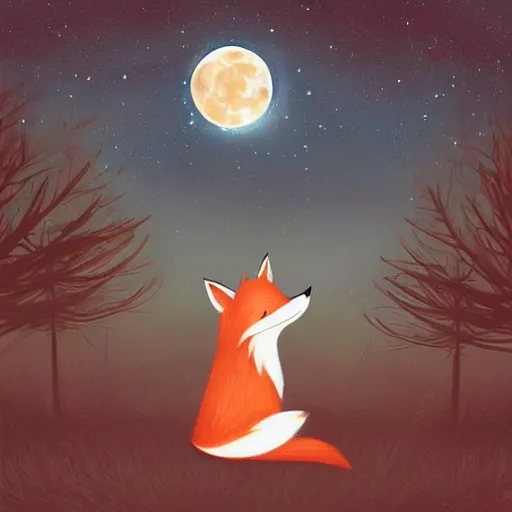 Image similar to “a fox sitting in the woods, looking up at the night sky. The moon shines brightly. digital art, painting”