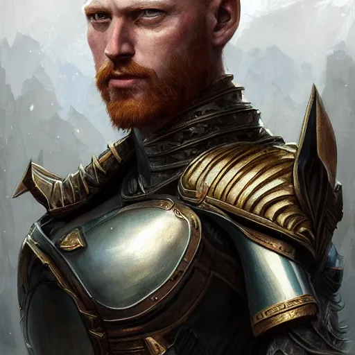 Image similar to renaissance green eyed ginger, middle aged, balding, king, riccardo scamarcio, art by artgerm and greg rutkowski and magali villeneuve, intricate renaissance armor, portrait, highly detailed, digital painting, trending on artstation, concept art, sharp focus, illustration