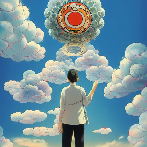 Image similar to a man walking on clouds away from the camera above kyoto by takashi murakami, beeple and james jean, aya takano color style, 4 k, super detailed, modern, 4 k, symmetrical